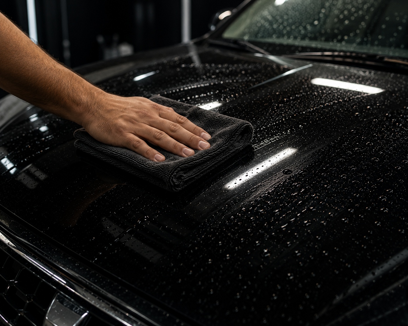 Detailer aplicando producto OUTCLYN sobre la carrocería de un coche en el estudio