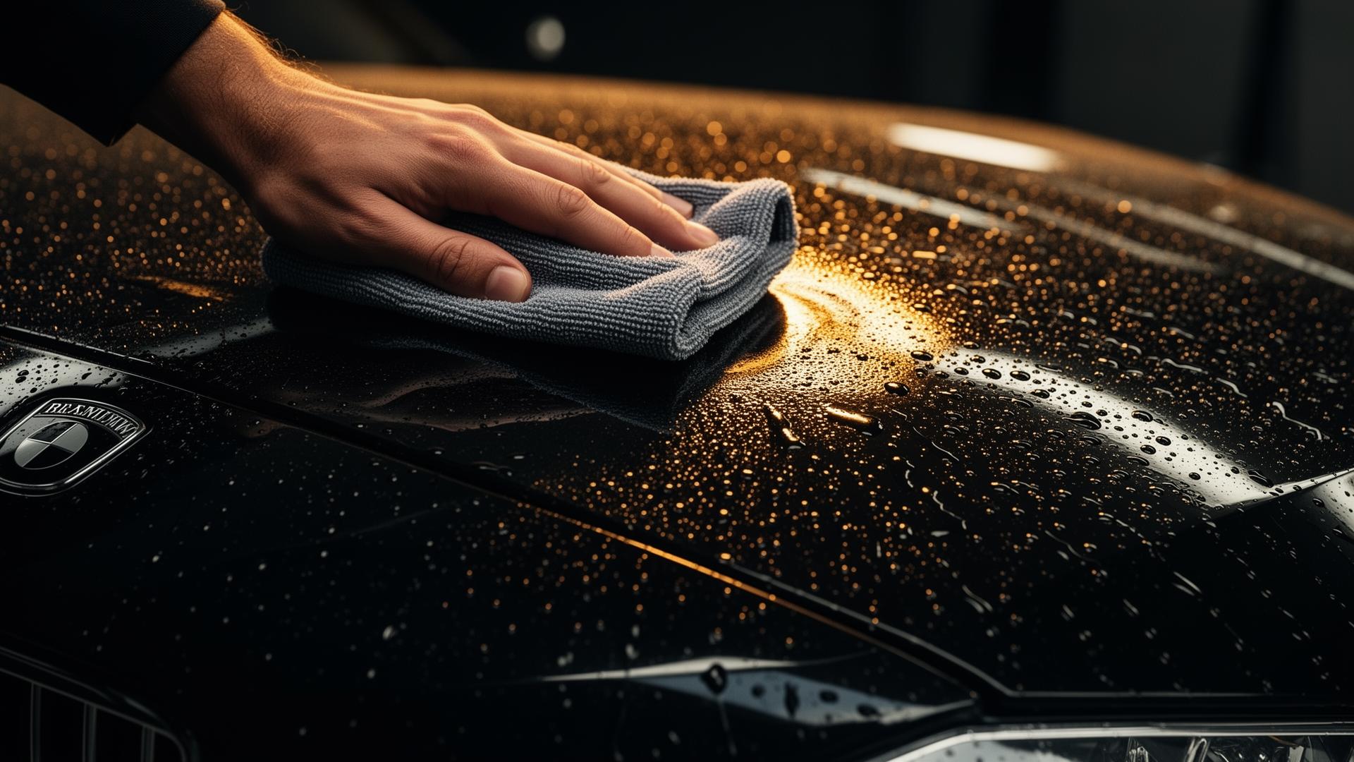 Detailer aplicando producto OUTCLYN sobre la carrocería de un coche en el estudio